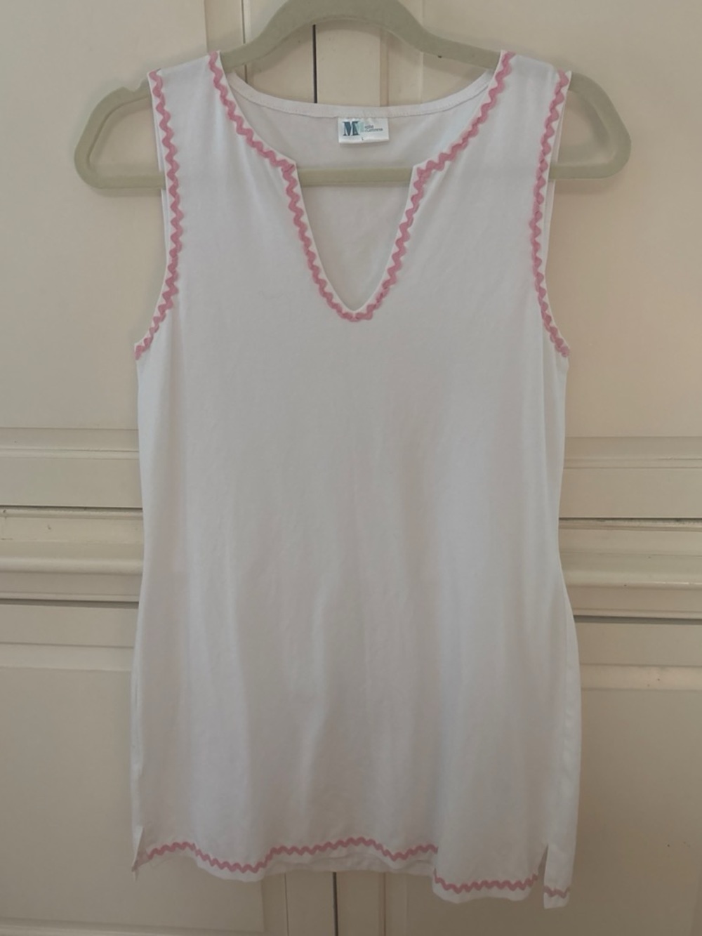 White Sleeveless Women's Tunic with Pink RicRac Trim by Martha McGinnis